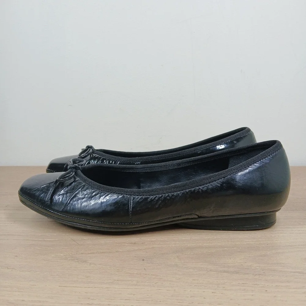Geox Ballet Flats Womens 38 Black Patent Leather Square Toe Bow Low Wedge Shoe